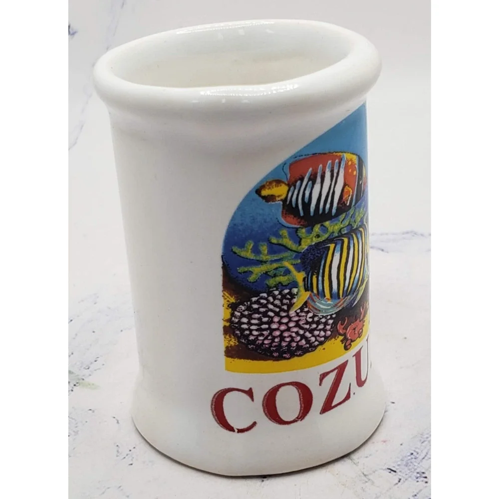 Cozumel Mexico Souvenir Miniature White Ocean Fish Ceramic Toothpick Holder Mug